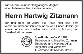 Traueranzeige von Hartwig Zitzmann von Pegnitz-Zeitung